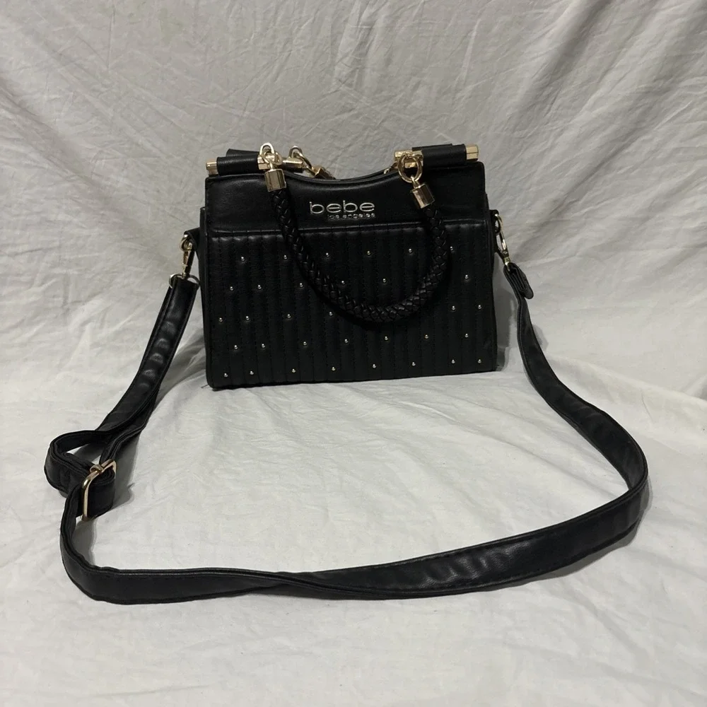 bebe Black Faux Leather Studded Crossbody Satchel